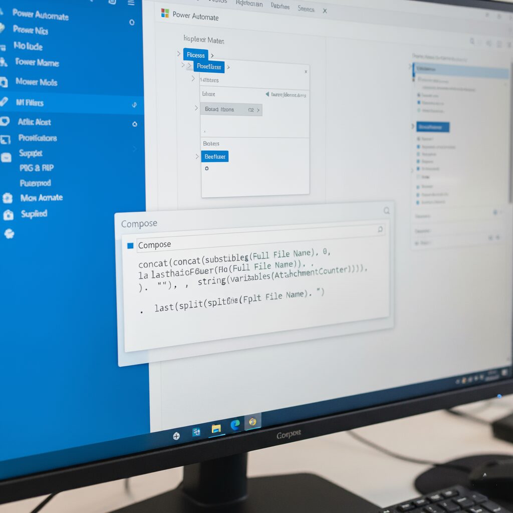 Power Automate screen showing a flow and a Compose action containing a concat expression for renaming files in MS Flow.