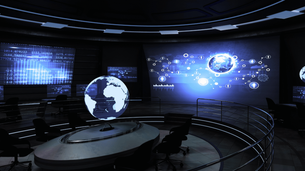 Futuristic digital control room with holographic globe representing a modern digital workplace and global connectivity.