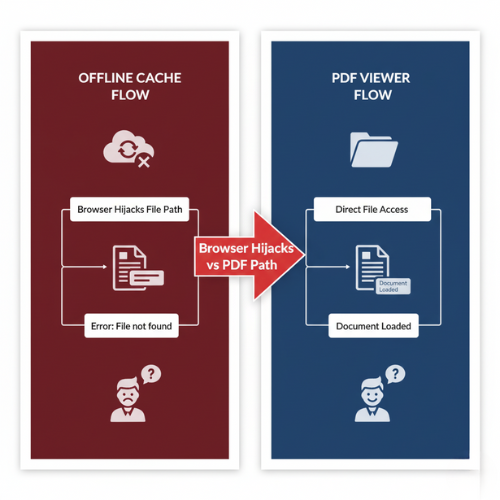 SharePoint PDF flow diagram showing how offline cache causes PDFs to open in the browser instead of the proper PDF viewer