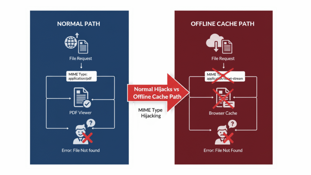 sharepoint pdfs opening in browser diagram showing normal path vs offline cache path causing pdf issues