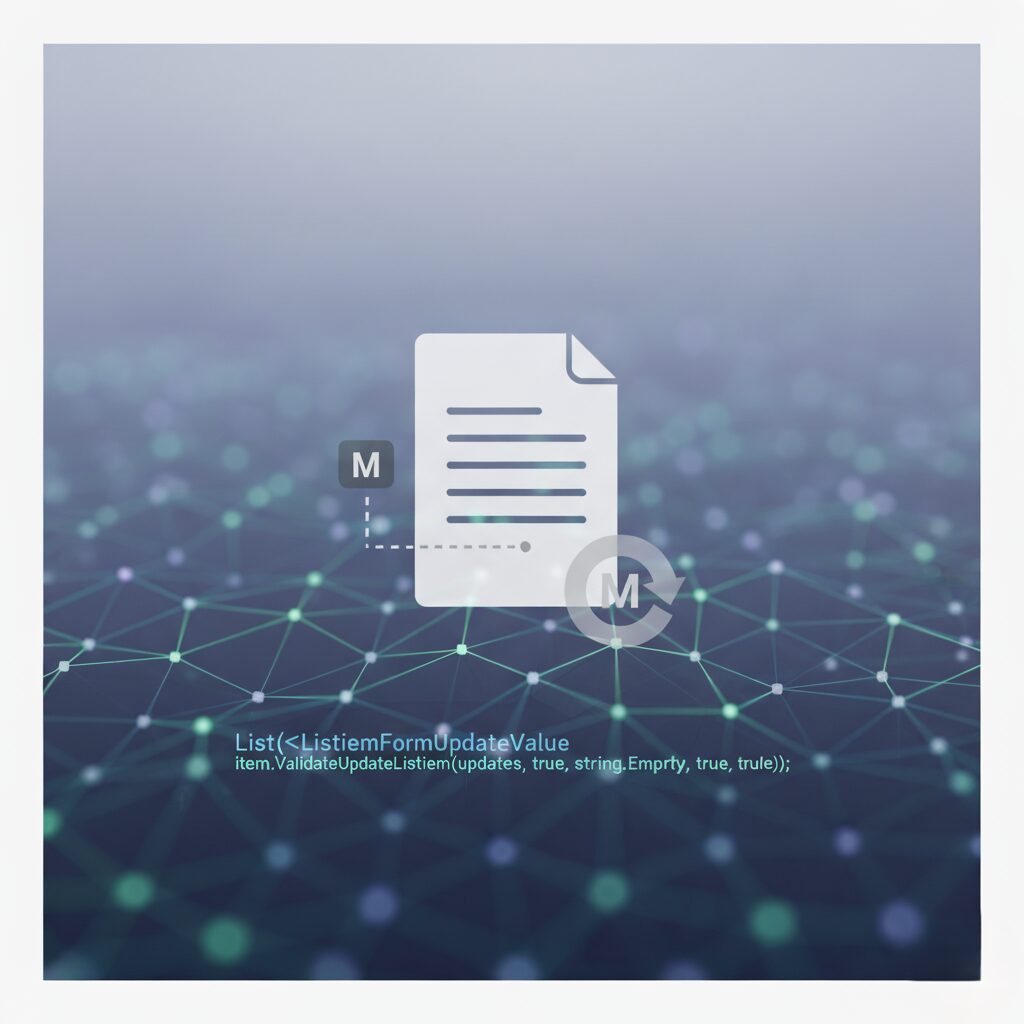 Illustration of a digital document icon connected to metadata symbols, representing updating SharePoint file metadata without increasing version history.