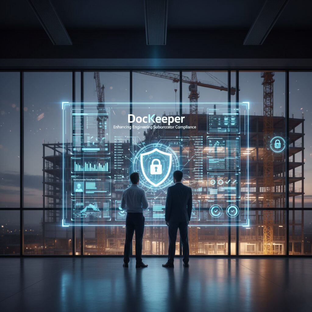 Two engineers reviewing a digital DocKeeper compliance dashboard overlaying a construction site, representing subcontractor compliance, document management, and SharePoint automation.