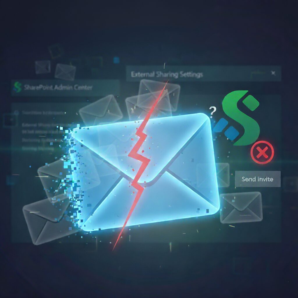 Broken SharePoint invite email icon with error symbol, representing external sharing invite emails not sending in SharePoint.