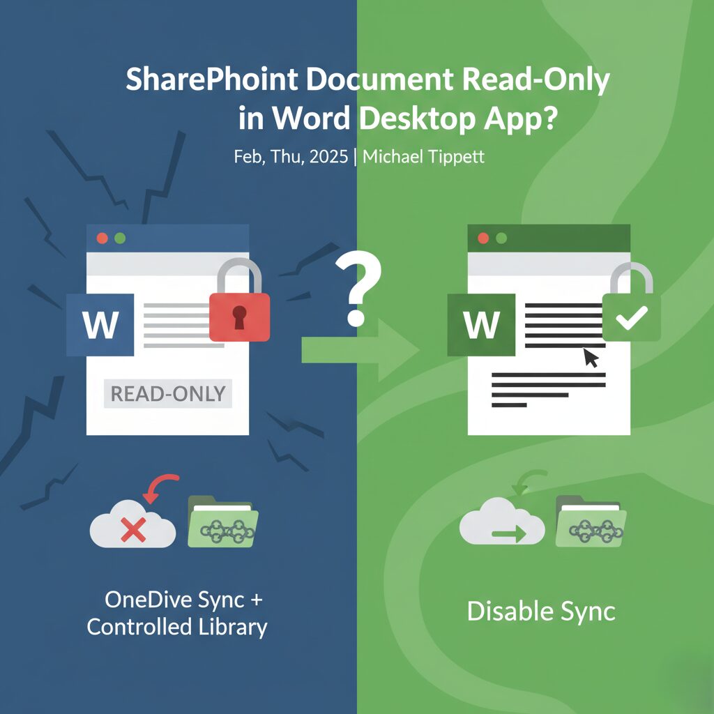 SharePoint document read-only issue in Word desktop due to OneDrive sync, showing locked Word file on left and editable file after disabling sync on right.