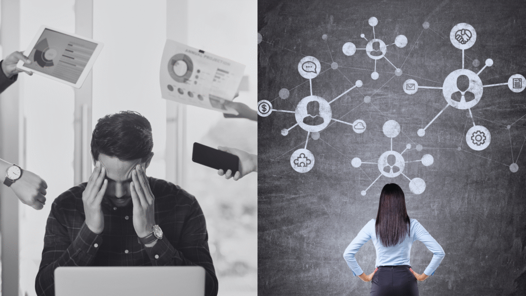 Frustrated employee overwhelmed by chaotic workflows contrasted with staff confidently using an organized digital system, illustrating how QuickStart SharePoint fixes failed rollouts and boosts employee adoption.