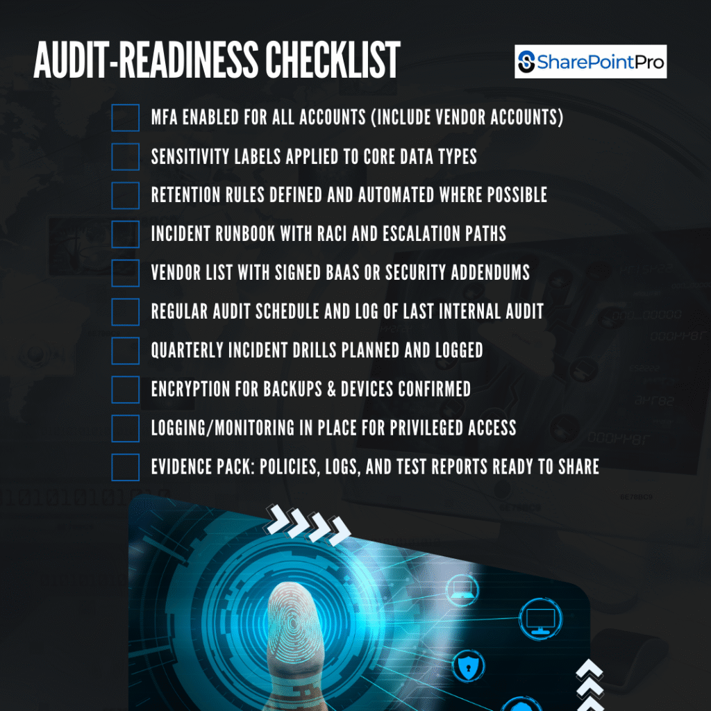 Audit-readiness checklist graphic showing mandatory cybersecurity controls for Australian businesses, including MFA, sensitivity labels, retention rules, incident response, encryption, monitoring, and evidence packs — SharePointPro compliance guide.