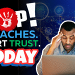 Stop breaches banner showing stressed business owner facing cyber and compliance risks