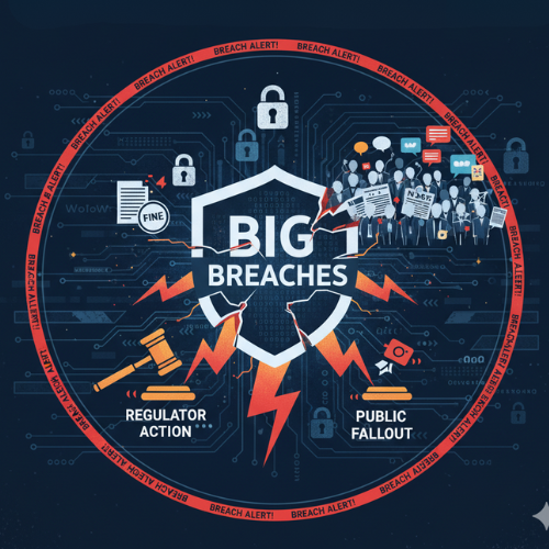 Cybersecurity breach alert graphic featuring hacker silhouette and digital warnings