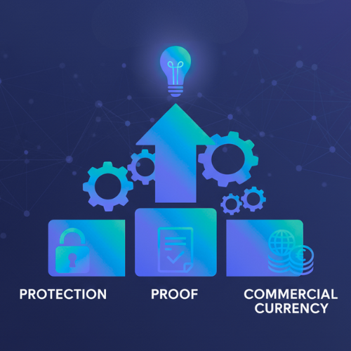 Compliance framework graphic showing protection, proof, and commercial currency with security icons and gears.