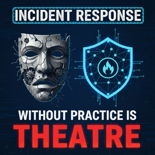 Cybersecurity mask and shield graphic with ‘Incident Response – Without Practice Is Theatre’ highlighting untested incident response risks.