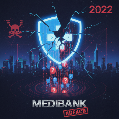 Medibank 2022 data breach illustration showing compromised shield and rising cyberattack indicators.