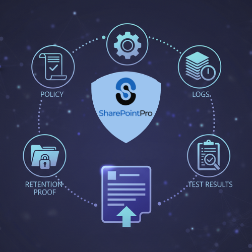 Smart compliance automation diagram showing SharePointPro generating audit-ready policy, logs, retention proof, and test results.