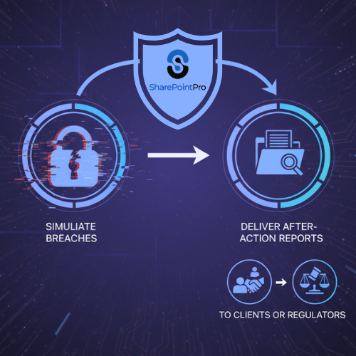 SharePointPro smart compliance graphic illustrating simulated breaches and automated after-action reports for regulators.