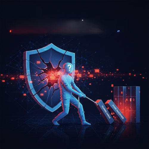 Cyber attacker exploiting a security breach by breaking through a digital shield, symbolising human error and poor compliance processes.