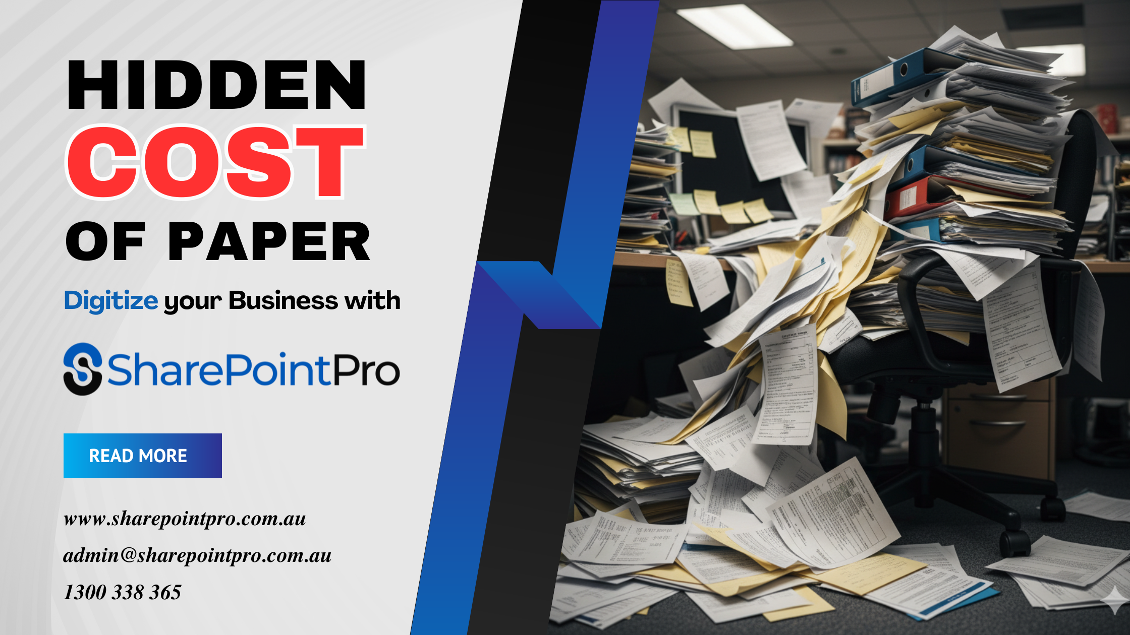 Office desk piled with paper folders and documents — hidden cost of paper