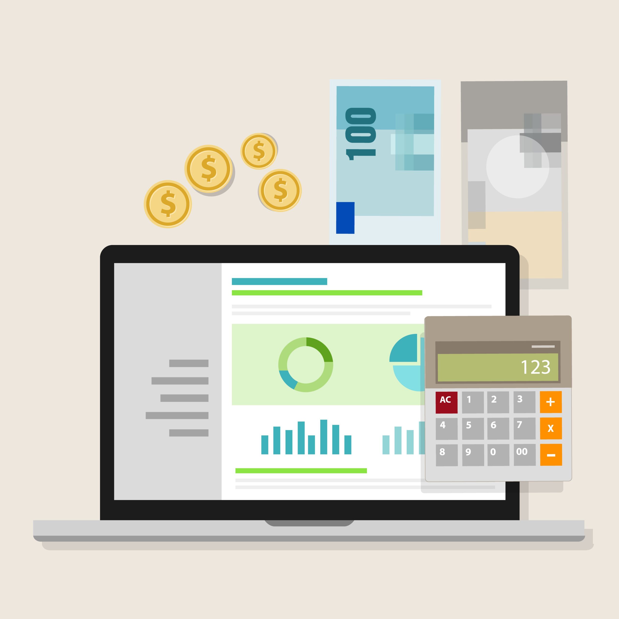 Illustration showing money, coins, and a computer screen representing the cost of software development