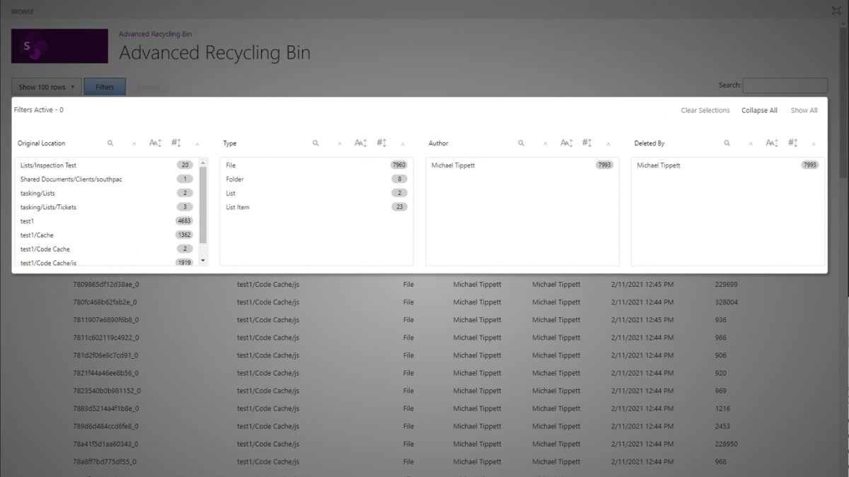 sharepoint advanced recycling bin interface showing file list filtering options and deleted items table
