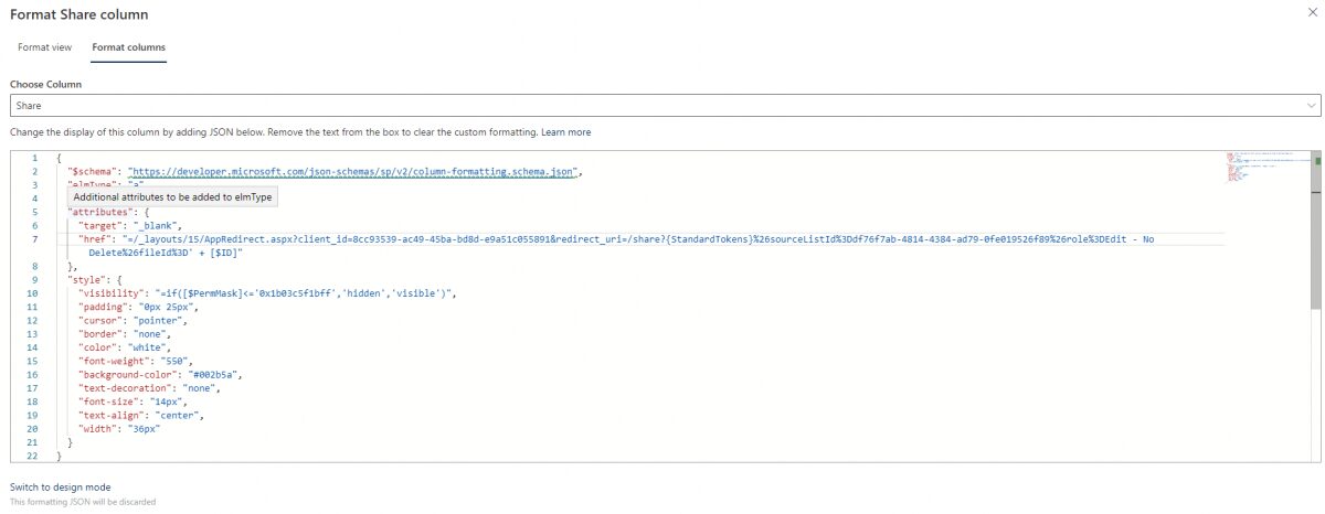 screenshot of sharepoint column formatting json showing publish button code and visibility rule using permmask