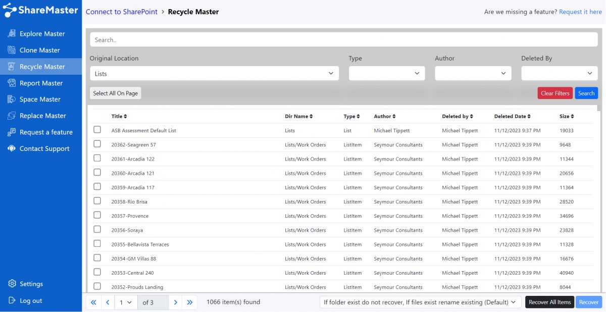 ShareMaster Recycle Master interface showing advanced search, filtering, and bulk restore options for SharePoint deleted items.