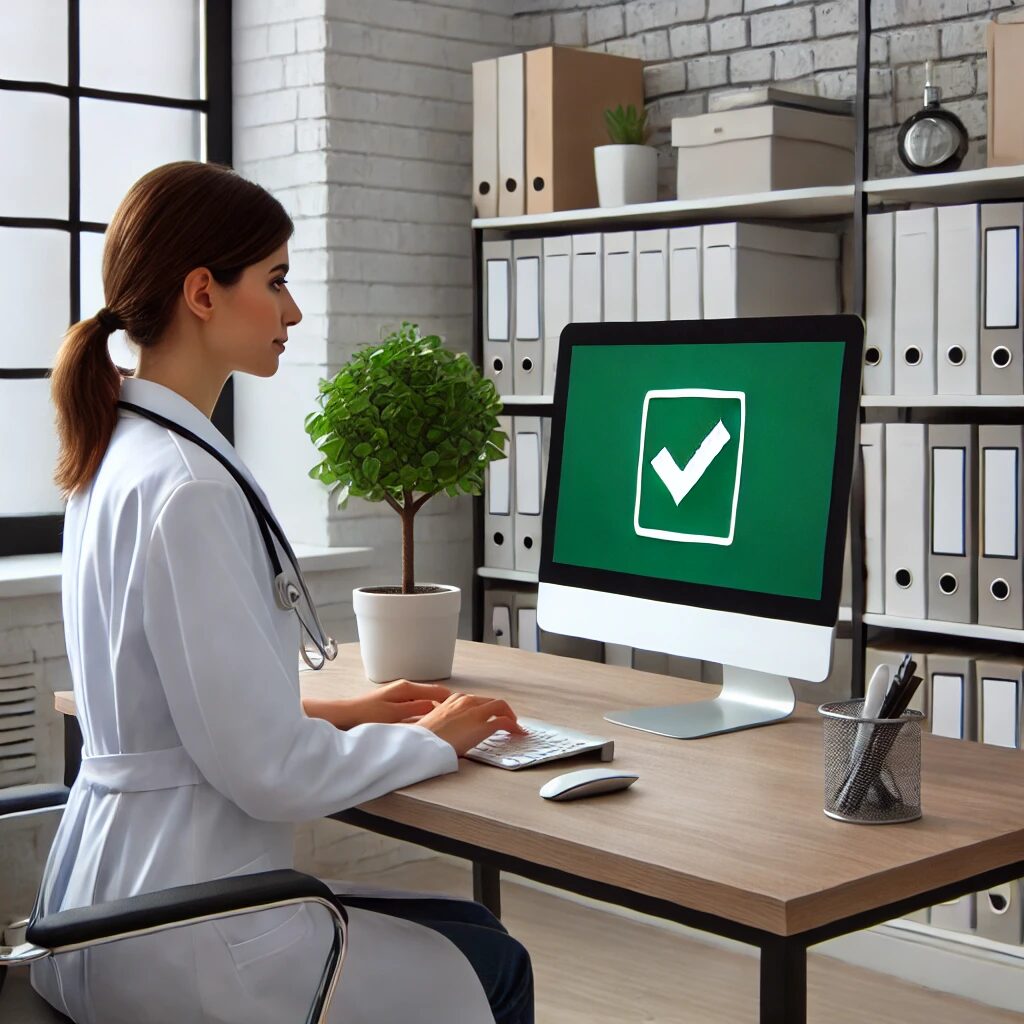 A female doctor sitting at a desk in a modern medical office, typing on a computer with a green screen showing a large checkmark icon, representing approved documents or successful compliance.
