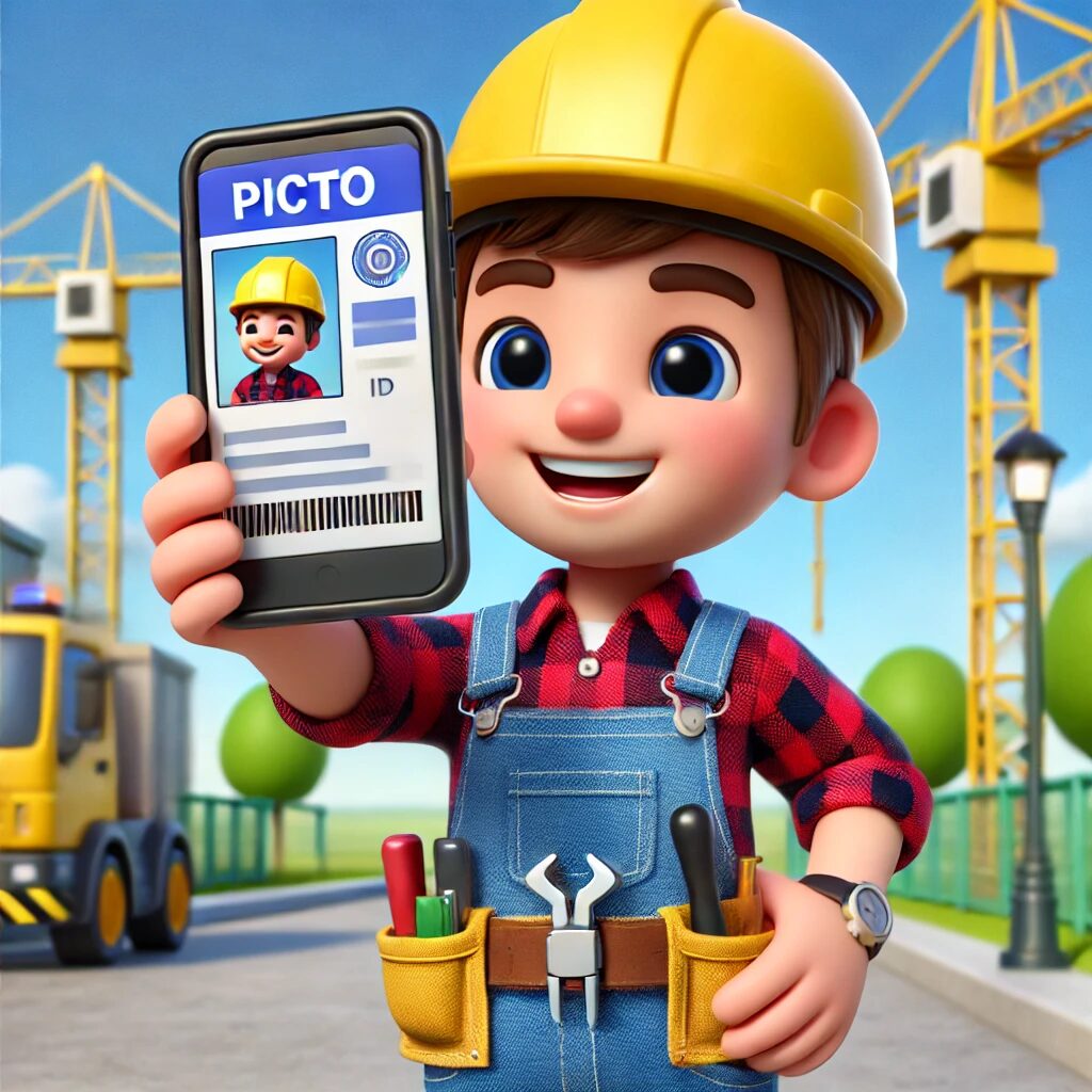 Cartoon construction worker holding a smartphone with subcontractor ID badge, representing streamlined construction subcontractor management, inductions, compliance, and SWMS tracking with DocKeeper and SharePoint