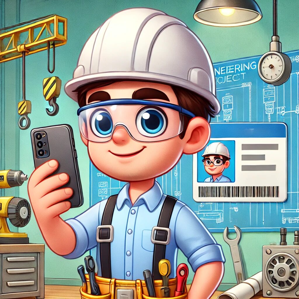 Cartoon engineer wearing a hard hat using a smartphone, standing in a workshop with tools and equipment.