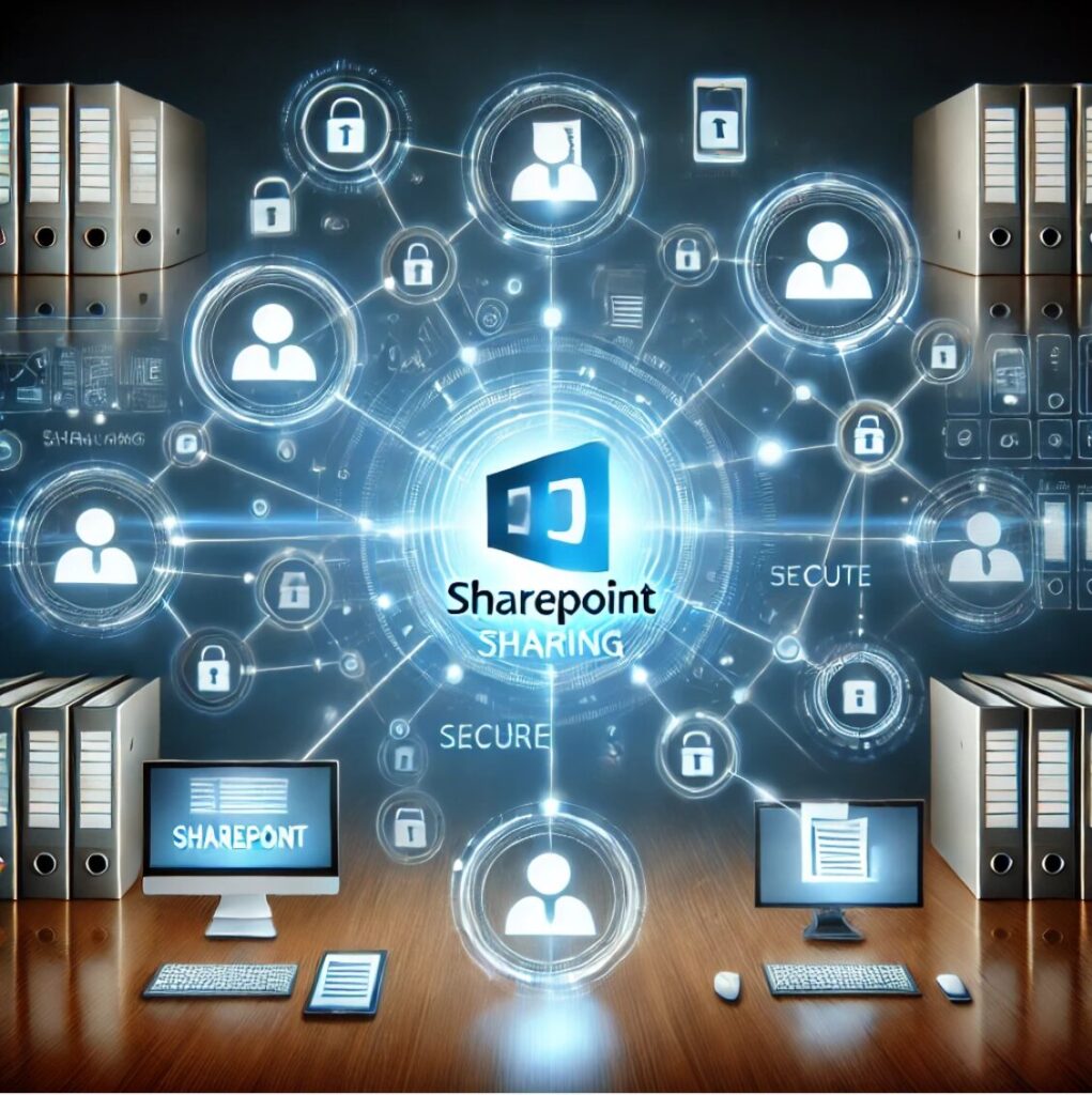 SharePoint sharing visualization showing secure user access, connected user icons, and SharePoint network structure across office workspace