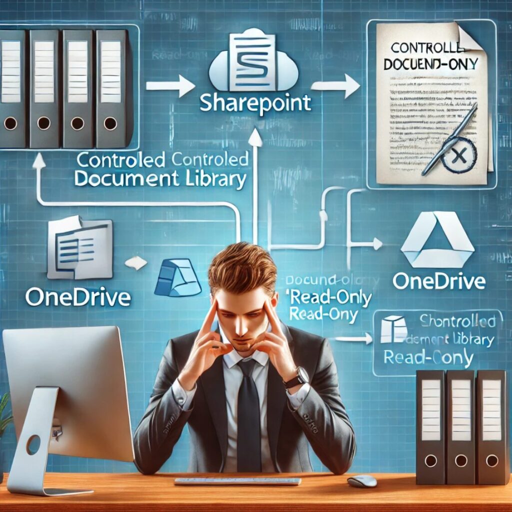 SharePoint controlled document library causing Word desktop app read-only issue with OneDrive sync shown in workflow diagram.