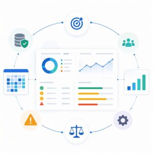 Microsoft 365 performance and governance dashboard showing system baseline, risk indicators, usage patterns, and operational metrics across a business environment