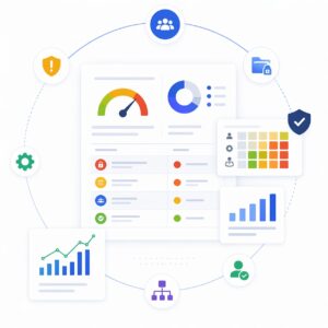 Microsoft 365 risk analysis dashboard showing access control, configuration metrics, governance indicators, and operational risk levels across a business system