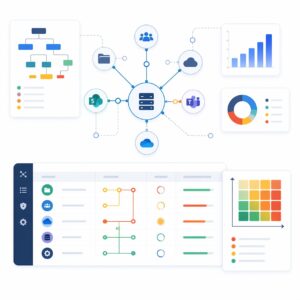 Microsoft 365 dependency mapping diagram showing relationships between systems, data flows, and operational components with impact analysis across a business environment