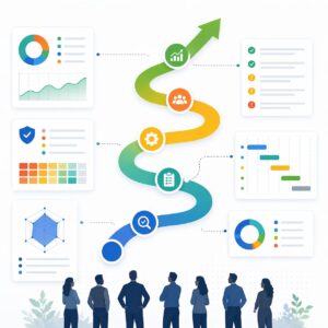 Microsoft 365 strategic roadmap visual showing prioritisation of actions, system evaluation, and phased decision-making across a business environment