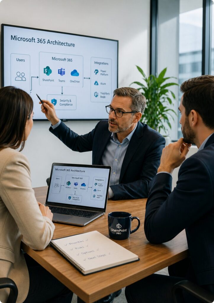 Microsoft consultant reviewing SharePoint architecture strategy with business leadership team
