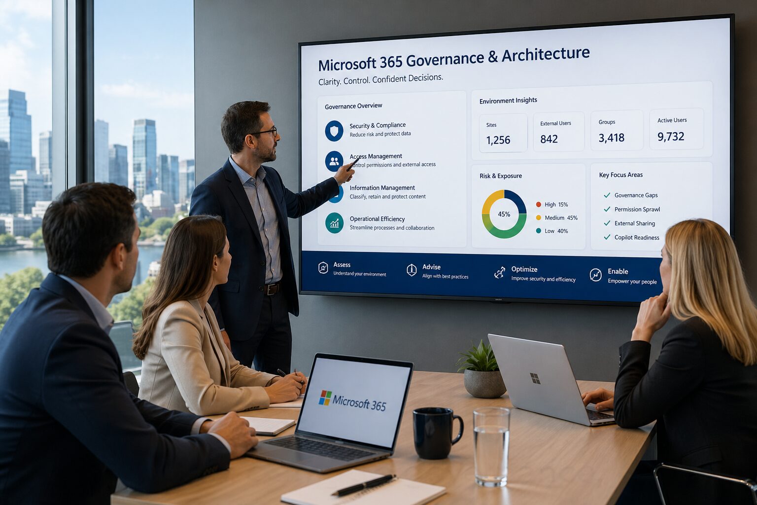 Microsoft 365 consulting Brisbane team reviewing governance architecture, compliance risks and operational strategy dashboard