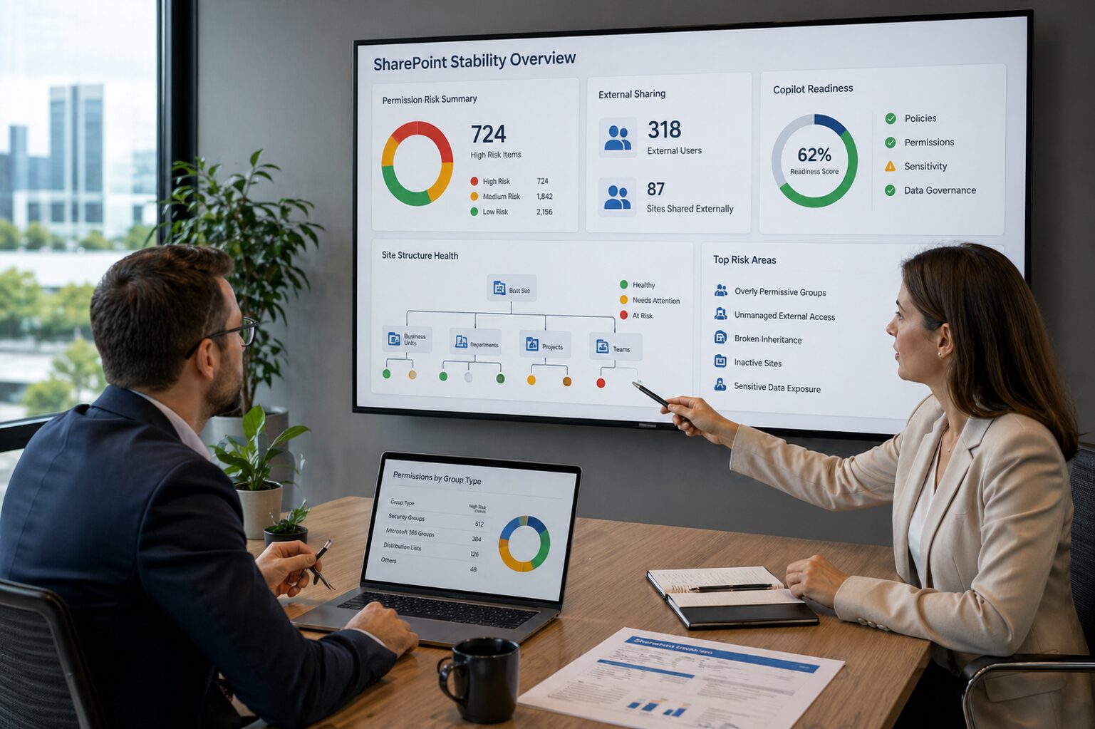 SharePoint governance assessment Brisbane team reviewing permissions access controls and stability risks
