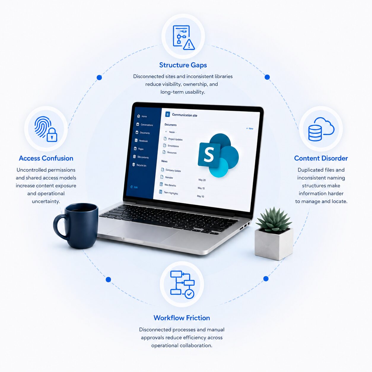 SharePoint consulting ecosystem visual showing structure gaps, access confusion, content disorder, and workflow friction surrounding a Microsoft SharePoint environment