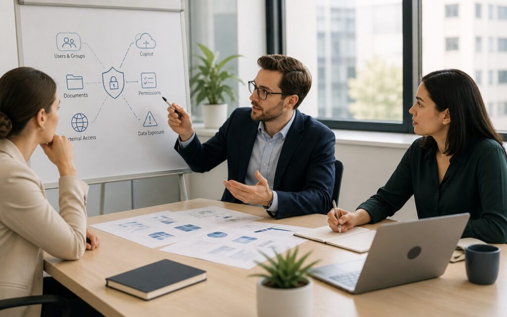 SharePoint consulting session with professionals reviewing access control, permissions structure, and Copilot data visibility for Microsoft 365 environment