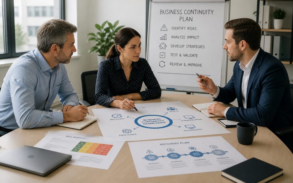 SharePoint consulting session with professionals reviewing business continuity planning, recovery strategy, and risk frameworks for Microsoft 365 environment