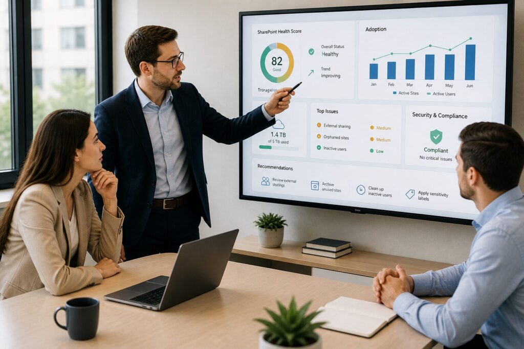 SharePoint consulting session with professionals discussing site lifecycle structure, ownership governance, and Microsoft 365 environment planning