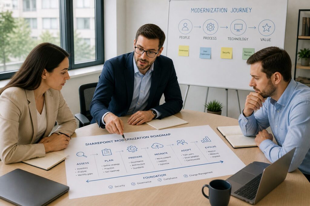 SharePoint consulting session with professionals mapping workflow processes and automation governance structure for Microsoft 365 environment