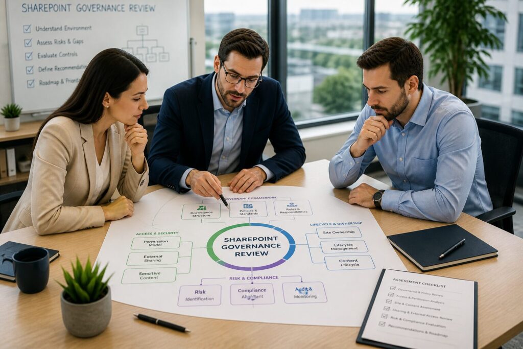 SharePoint consulting session with professionals reviewing governance structure, access models, and risk frameworks for Microsoft 365 environment