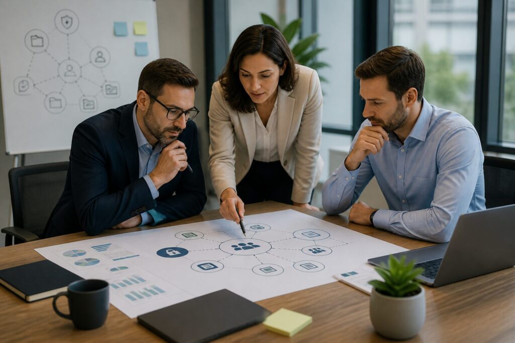 Professionals discussing data access structure, permission governance, and Copilot readiness planning for Microsoft 365 environment