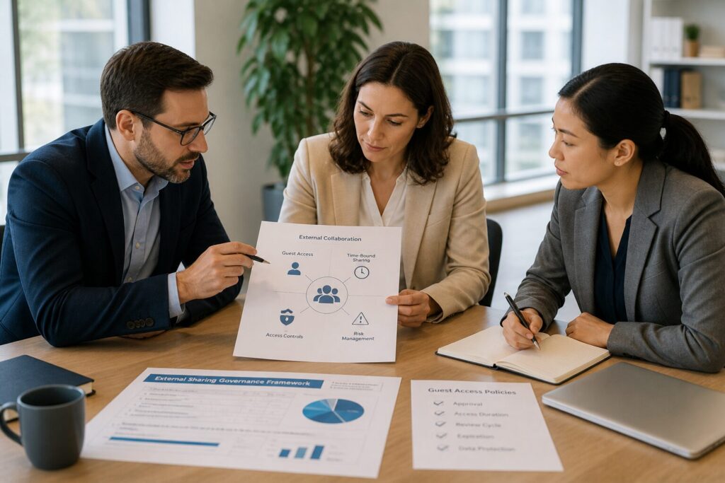 Professionals discussing external collaboration structure, guest access control, and governance policies for Microsoft 365 SharePoint environment